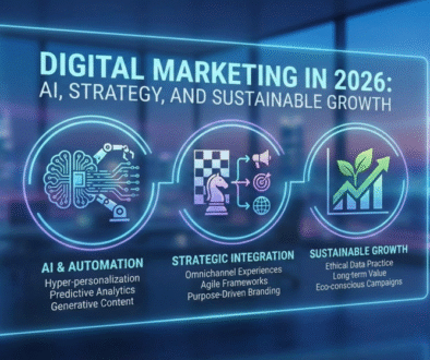 Digital marketing in 2026 infographic showing AI, strategy, and sustainable growth.