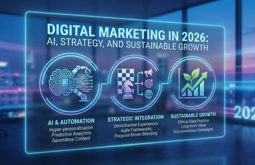 Digital marketing in 2026 infographic showing AI, strategy, and sustainable growth.